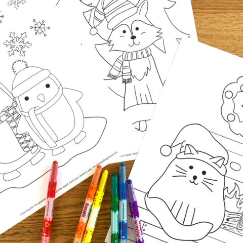 Cute Christmas coloring pages with a pair of penguins in snow, a fox in the woods, and a cat by a fireplace.