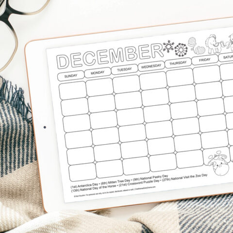 Blank December calendar with a list of silly holidays and matching illustrations to color.