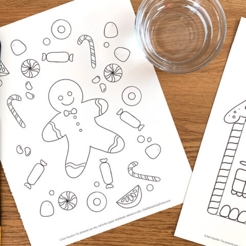 Gingerbread man and gingerbread house coloring page.