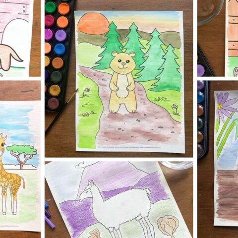Collage of cute animal coloring pages including a dog, giraffes, woodland bear, hedgehog, llama, and bunny.