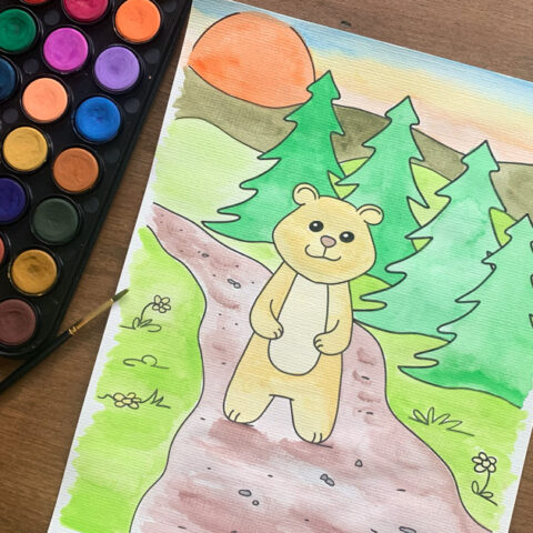 Coloring page of a bear walking on a path in a forest with a sunset in the background.