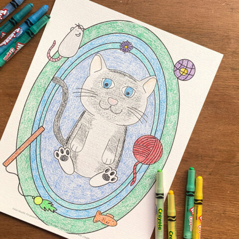 Coloring page of a cat laying on its back on a rug surrounded by cat toys.