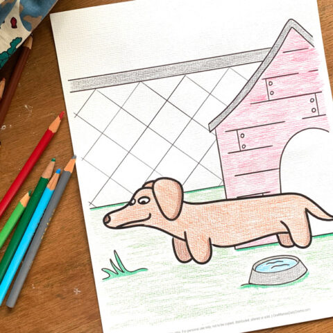 Coloring page of a brown dachshund in front of a red dog house in a backyard.