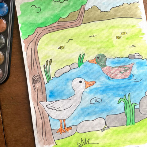 Coloring page of a pair of ducks at a natural pond under a tree.