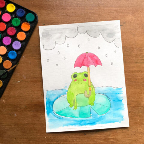 Coloring page of a frog on a lily pad holding an umbrella in the rain painted with watercolors.