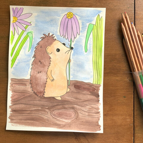 Painted hedgehog coloring page with a brown animal sitting on a log and holding a purple and green flower.