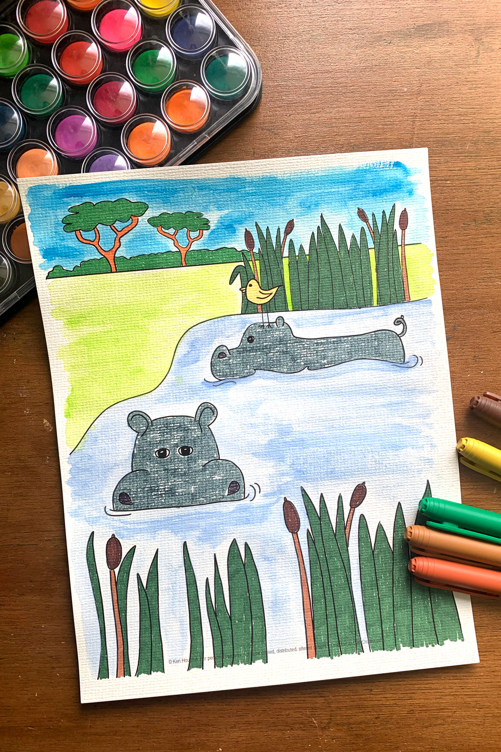 Painted hippopotamus coloring page in shades of green and blue.