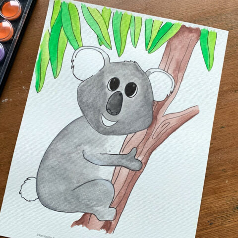 Koala coloring page painted in shades of gray with brown and green plants.