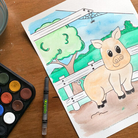 Coloring page of a pink pig in a bar with a fence and green field in the background.