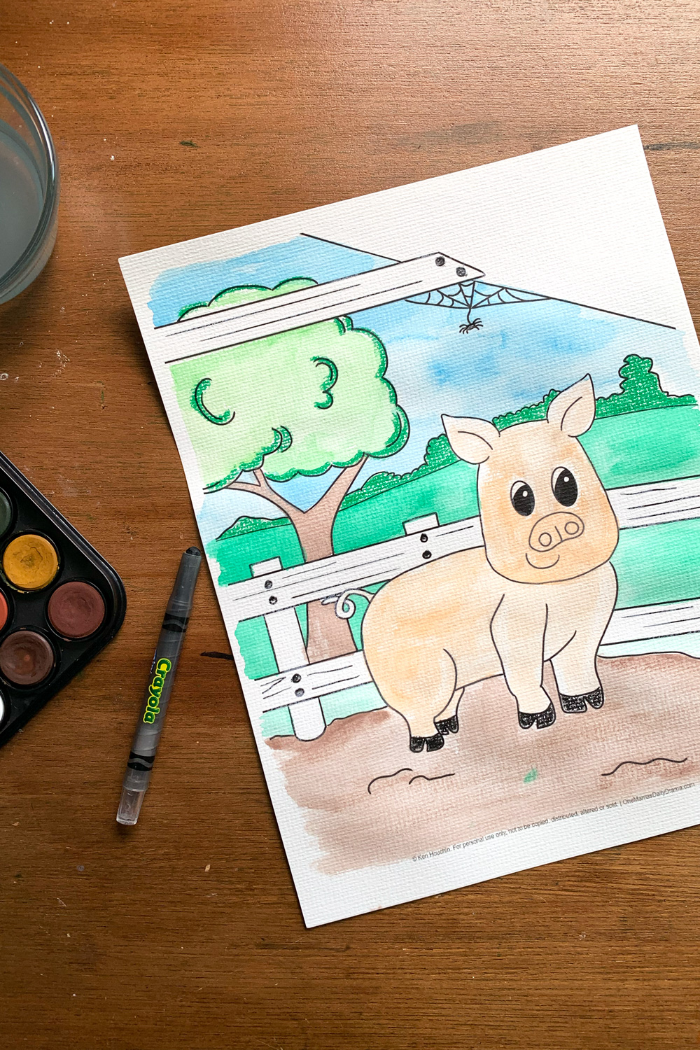 Coloring page of a pink pig in a bar with a fence and green field in the background.