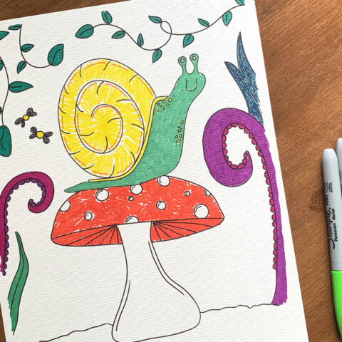 Coloring page of a green and yellow snail sitting on an orange and white mushroom with green and purple plants in the background.