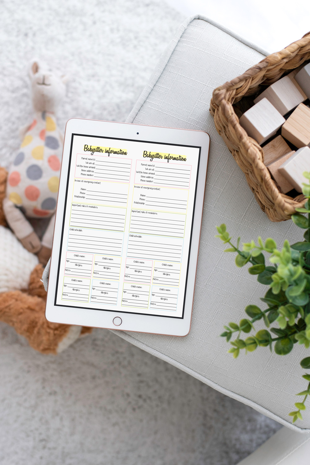 Babysitter checklist of important information, emergency contacts, and child details.