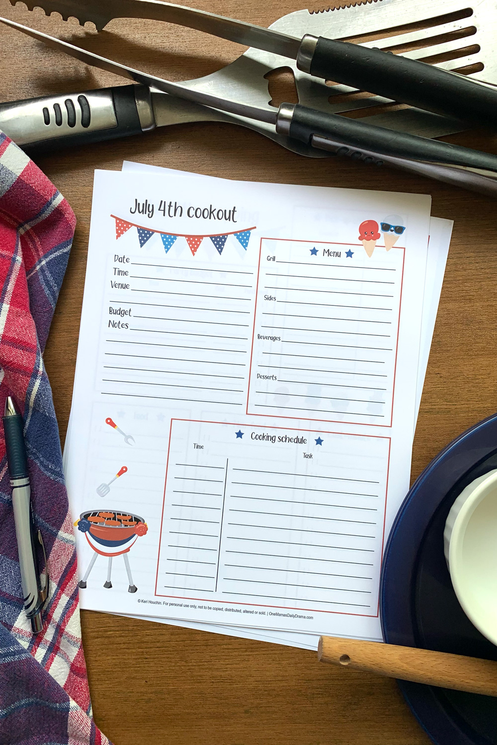 July 4th cookout worksheet with lines to list date, time, venue, and budget beside boxes for the menu and cooking schedule.