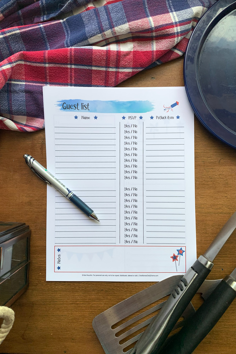 Party guest list with lines for names, RSVP yes or no, and potluck items.