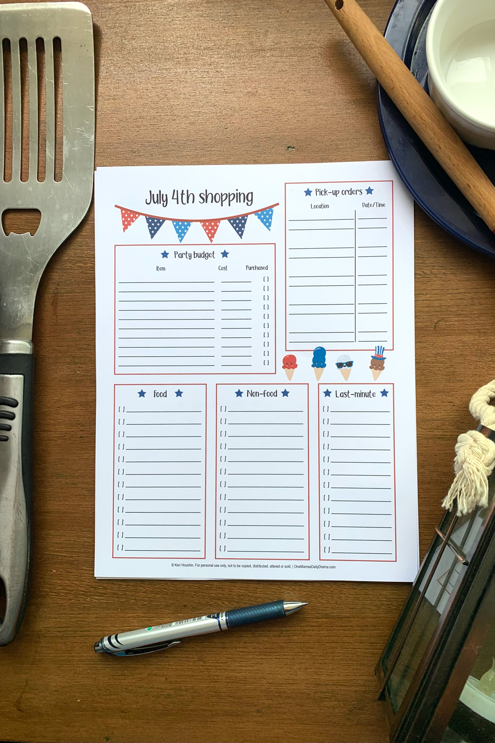 July 4th shoping list organized into boxes for budget, pickup orders, food, nonfood, and last-minute items.