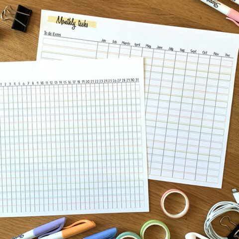Daily habit tracker and monthly task tracker gridline pages.