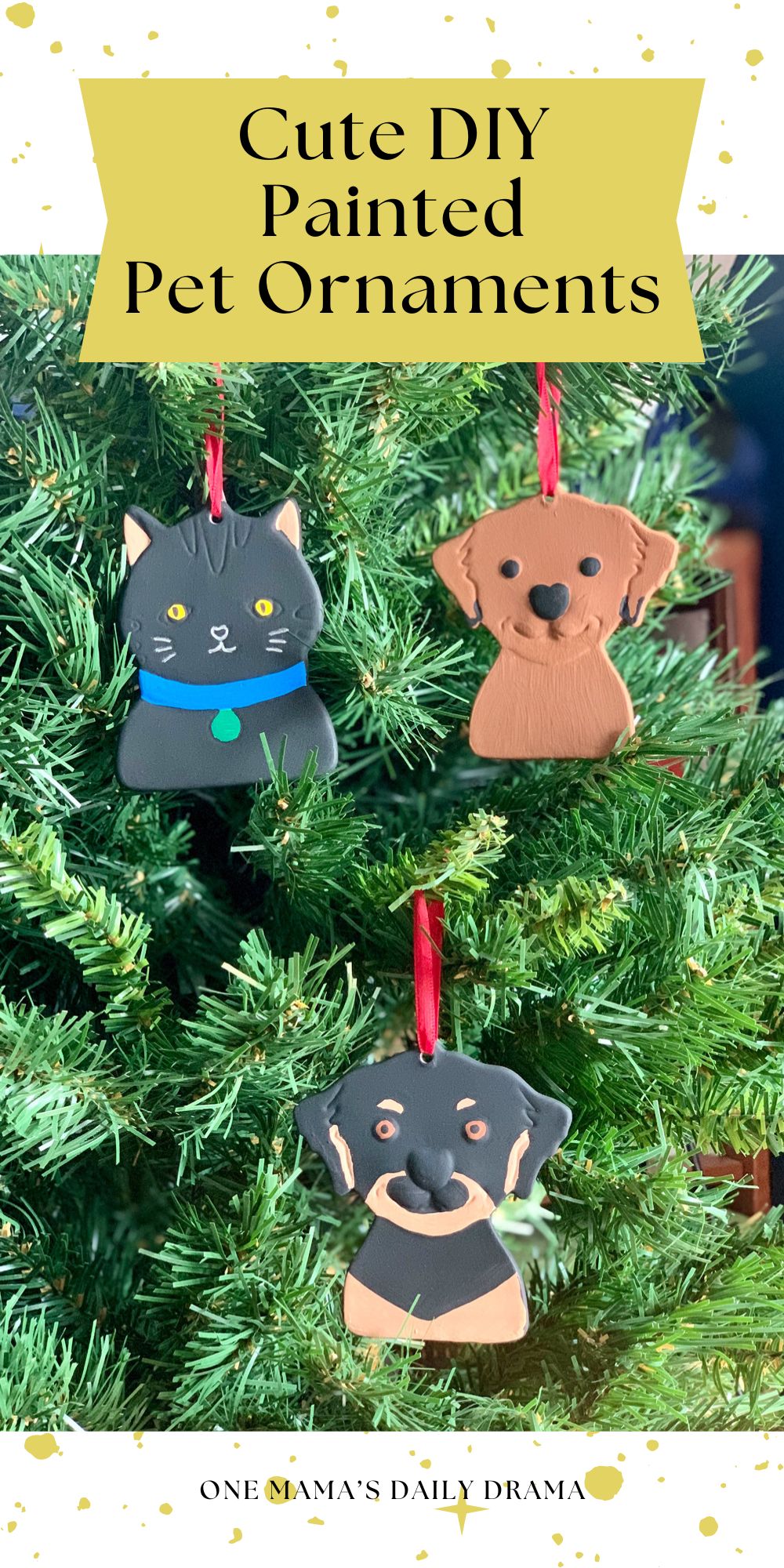 Cute DIY painted pet ornaments of a black cat, brown dog, and black/brown dog.