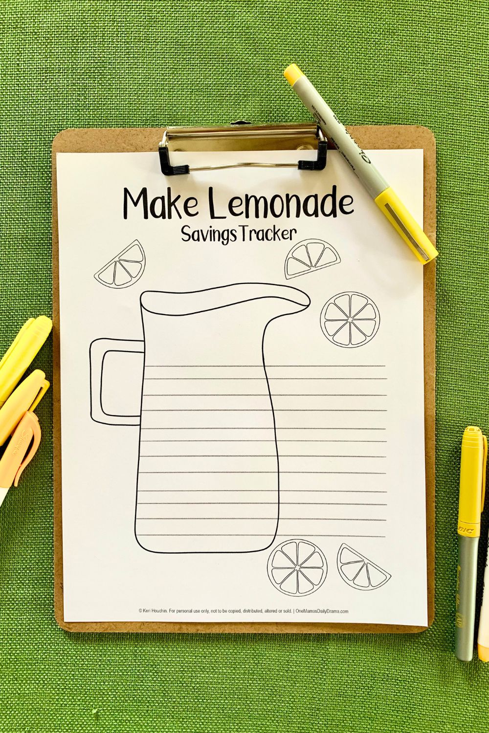 Lemonade savings tracker coloring page with lines marking $100 on a pitcher surrounded by lemon slices.
