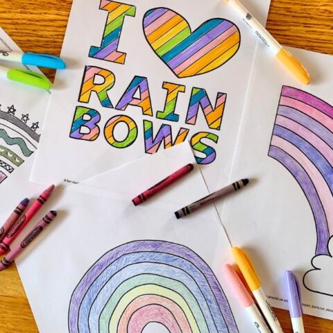 Rainbow coloring pages including a patterned shape, I heart rainbows, a rainbow arc into a cloud, and a rainbow labeled Roy G Biv.