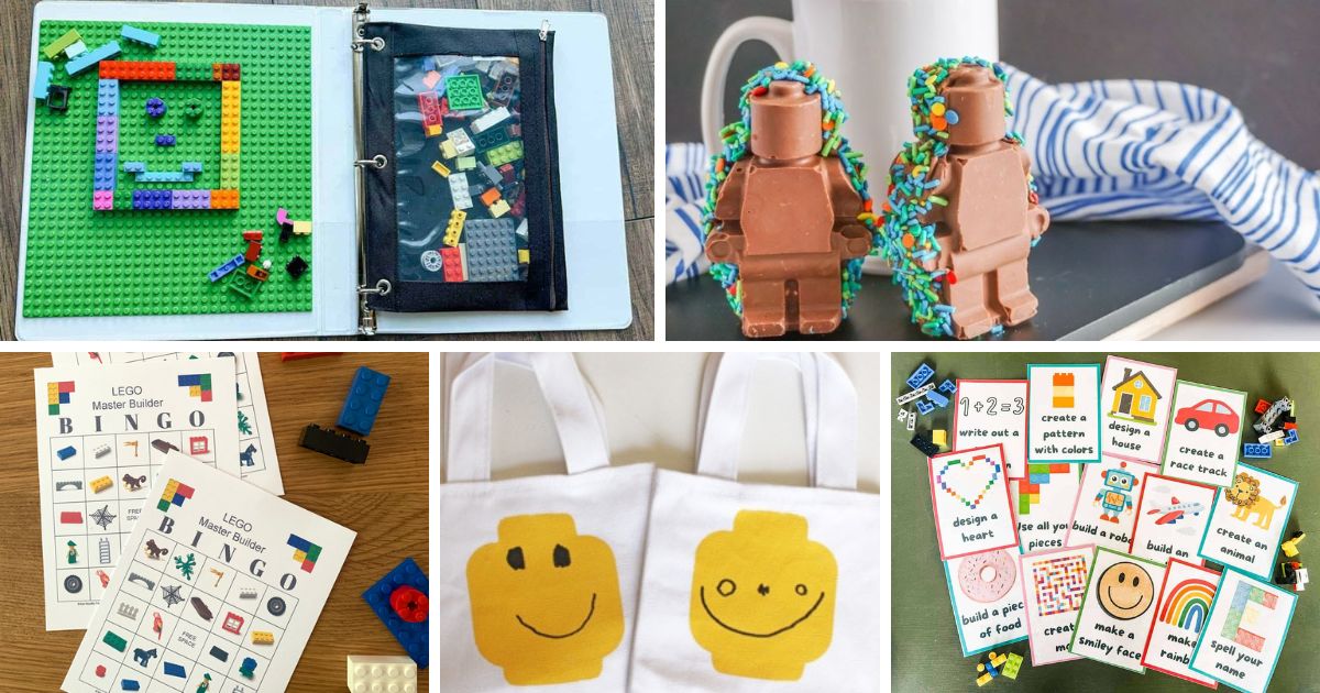 Collage of LEGO birthday party ideas including a travel binder gift, minifigure cocoa bombs, challenge cards, painted tote bags, and bingo cards.