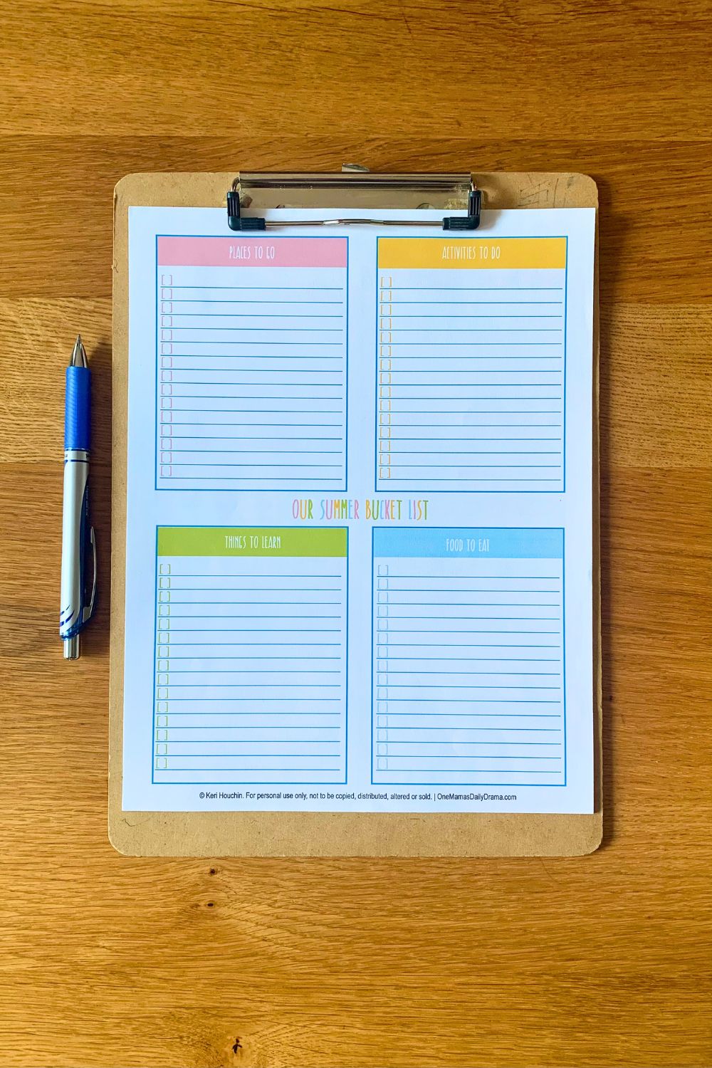 Printed summer bucket list worksheet with 4 boxes labeled with categories for places to go, activities to do, things to learn, and food to eat.