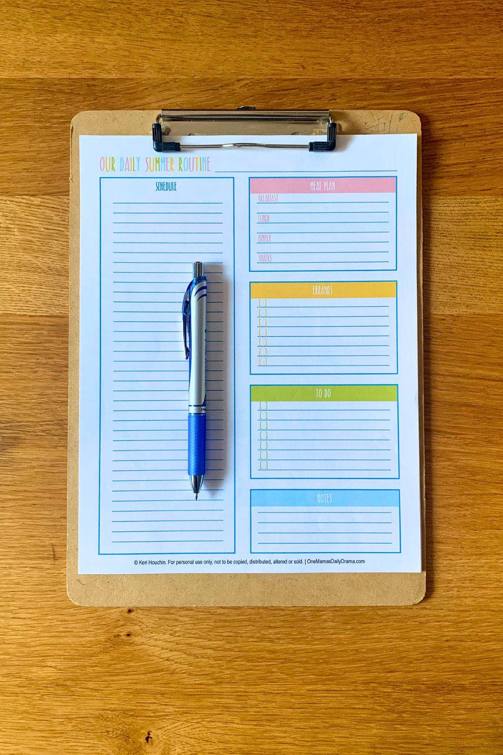 Printed daily routine worksheet with boxes and lines for a schedule, meal plan, errands, to do list, and notes.