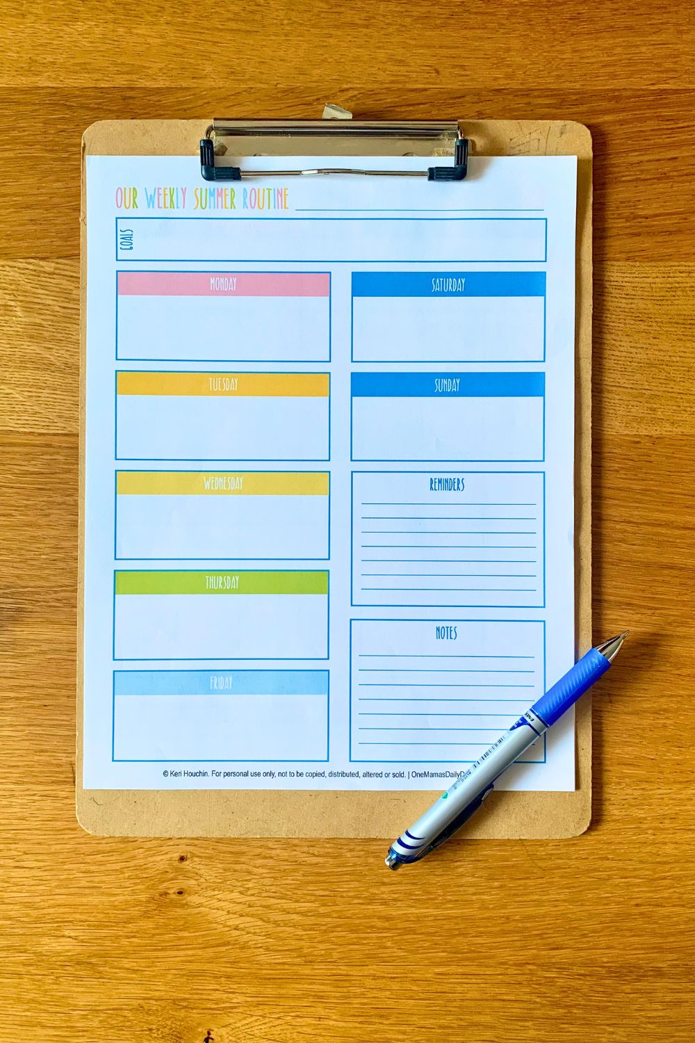 Printed weekly summer routine with a box at the top for goals, smaller boxes for each day of the week, and areas for reminders and notes.