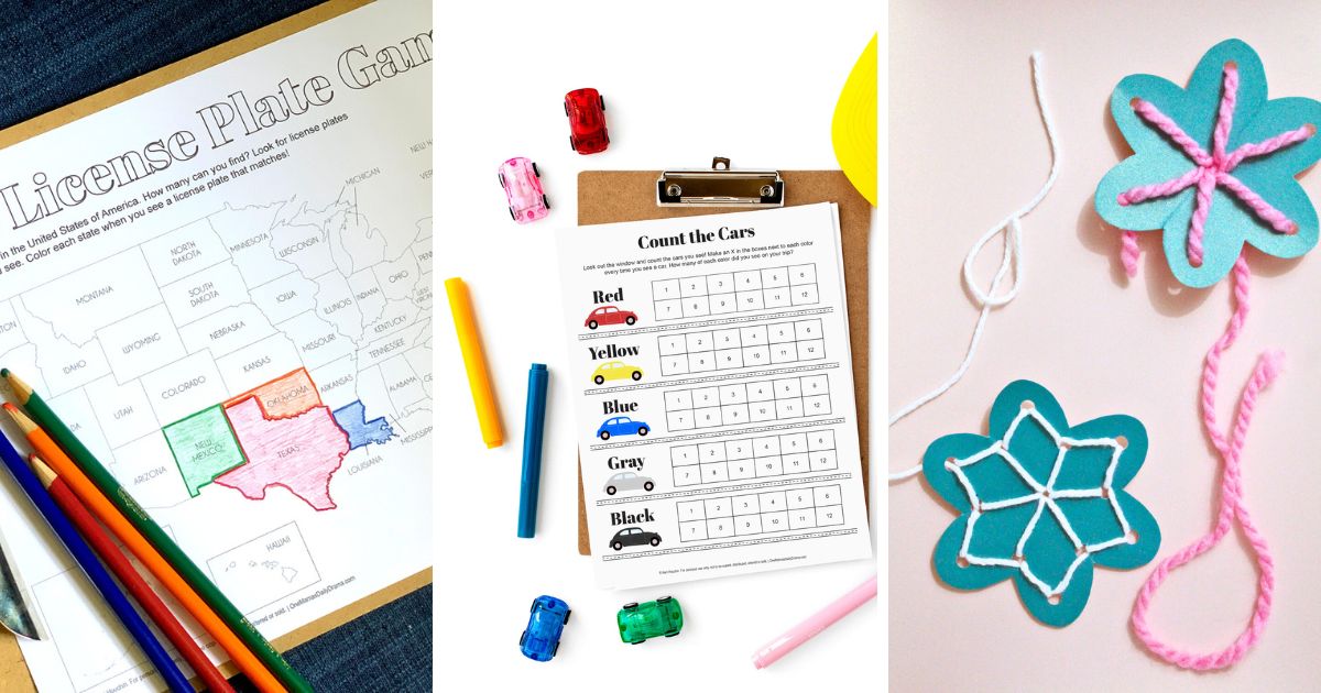 Collage of road trip activities for kids including a map to color, car counting worksheet, and snowflake lacing cards.