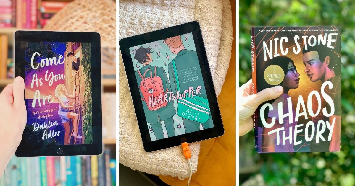 Collage of contemporary YA romance books including Come As You Are by Dahlia Adler, Heartstopper by Alice Oseman, and Chaos Theory by Nic Stone.