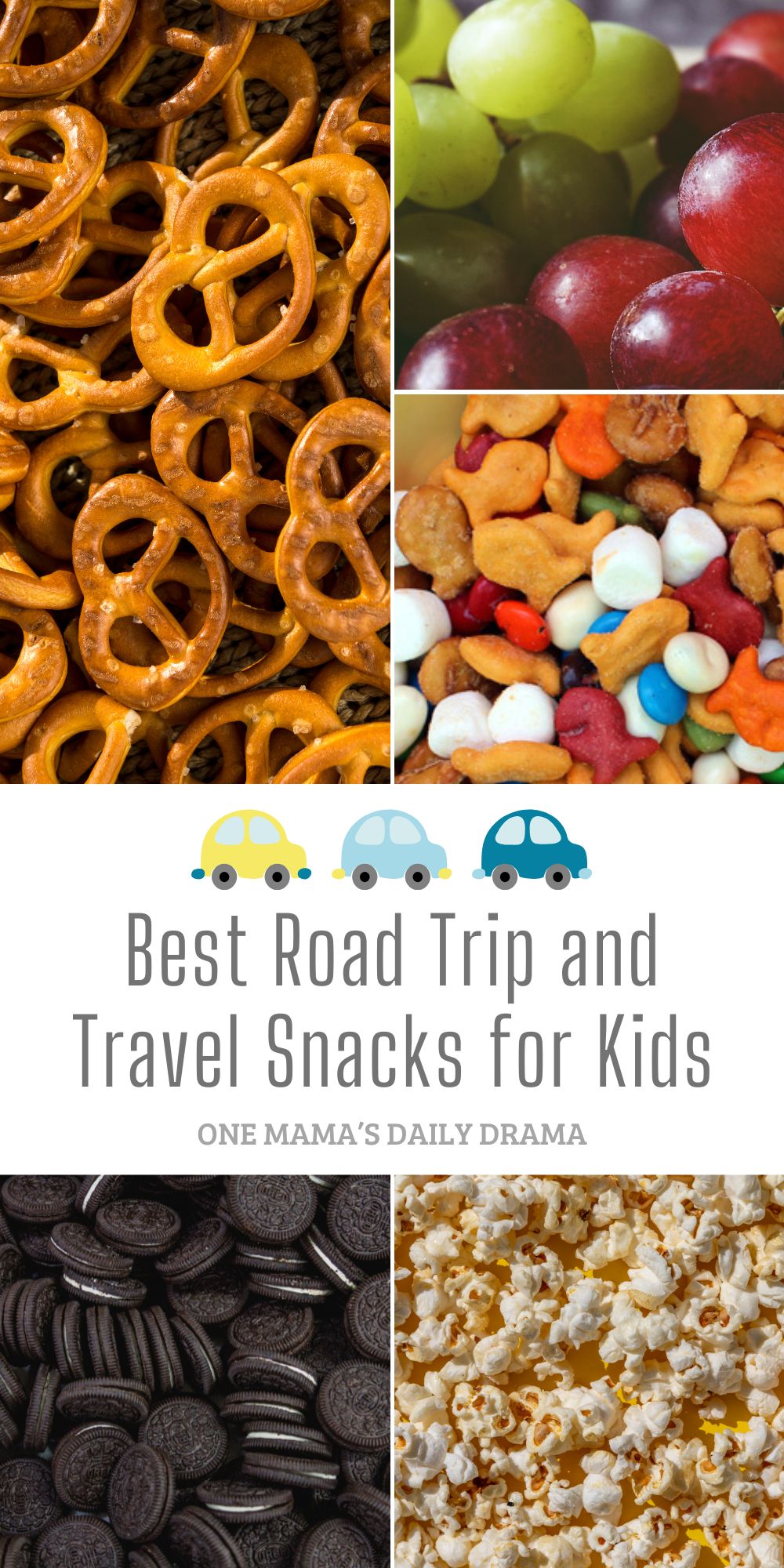 Collage of road trip and travel snacks including mini Oreo cookies, popcorn, pretzel twists, grapes, and rainbow snack mix.