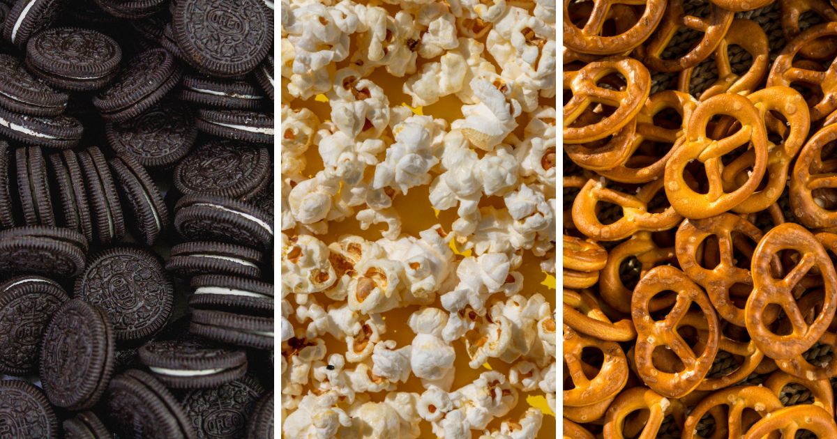 Collage of mini Oreo cookies, popcorn, and pretzel twists.