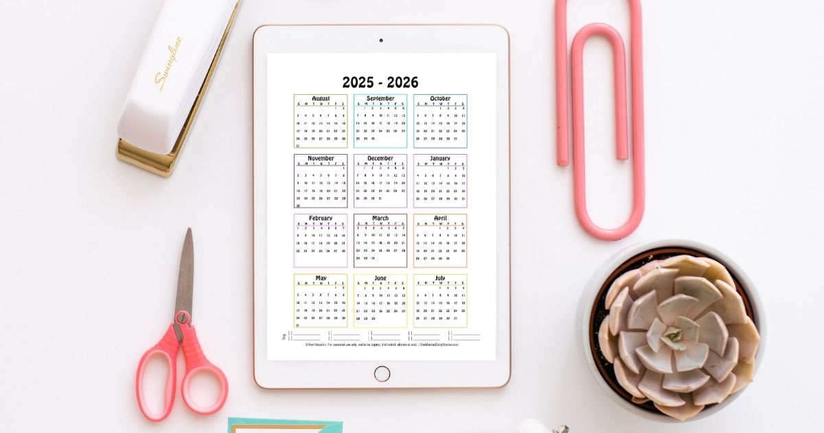 2025-2026 printable academic calendar with 12 colorful boxes outlining months dated August to July.