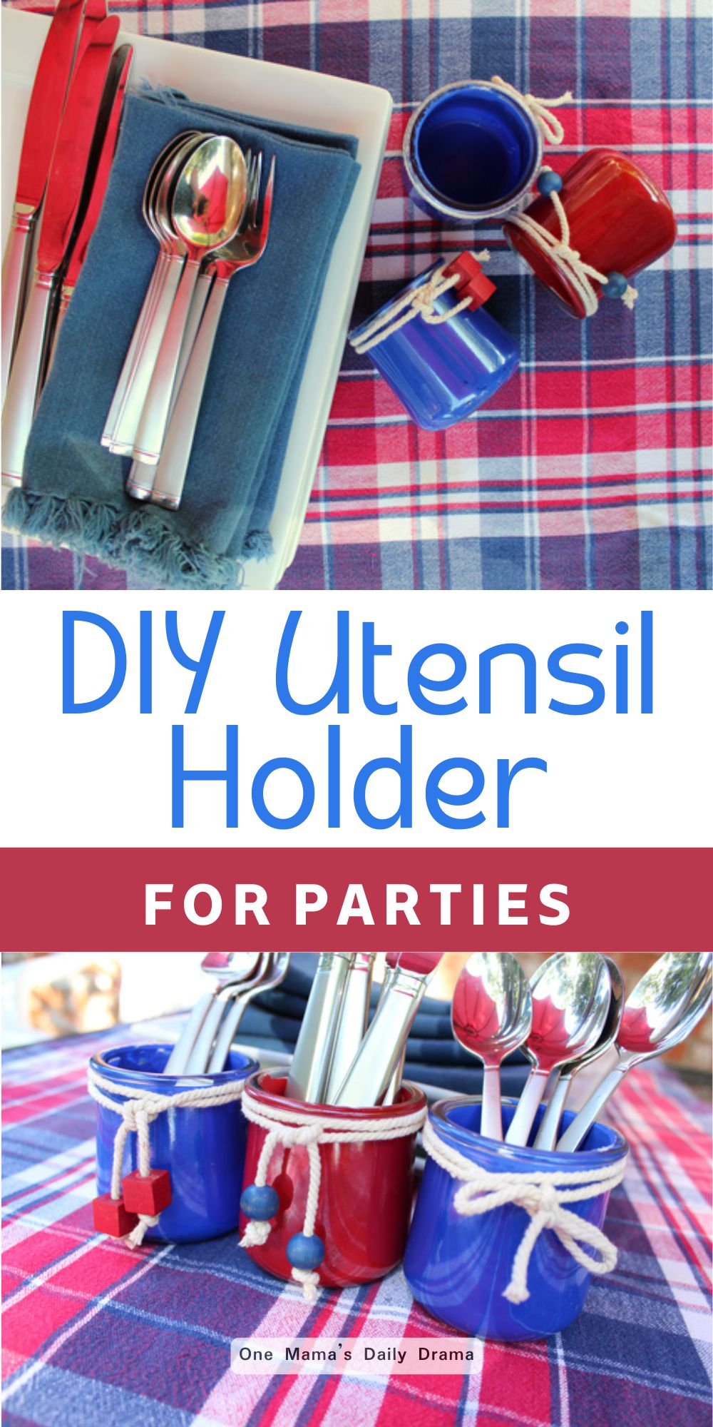 DIY utensil holder for parties made from 3 glass jars painted red and blue.