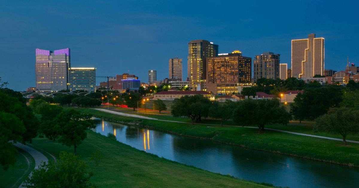 Fort Worth Trinity River skyline at night.