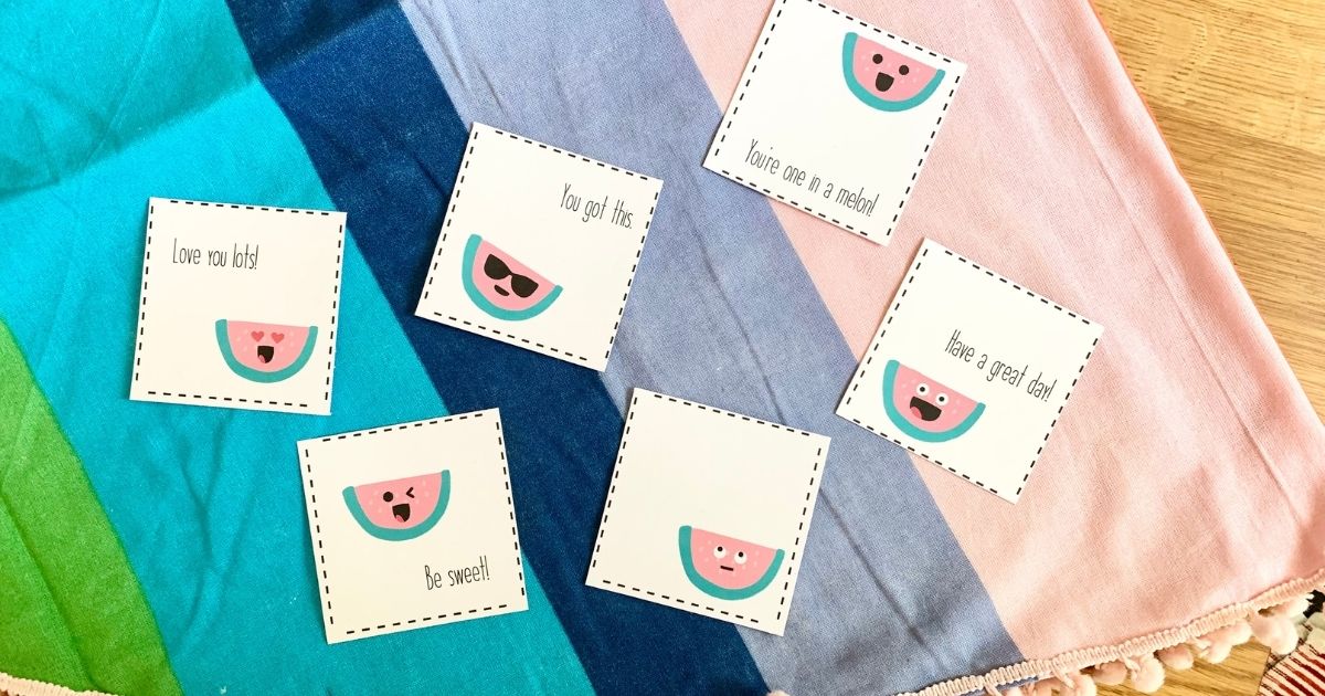 Six watermelon printable cards with silly faces and encouraging messages.