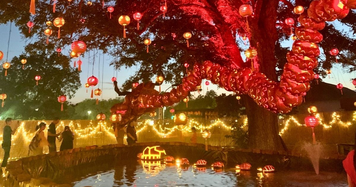 Red pumpkin lanterns hanging in a tree over a pond at the DFW fall festival Pumpkin Nights.