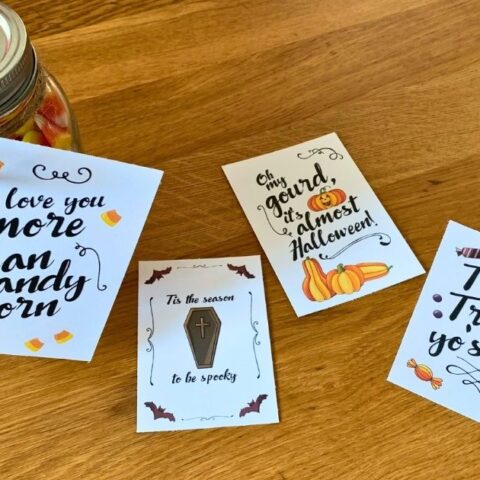 Printable Halloween cards with puns and classic icon illustrations.