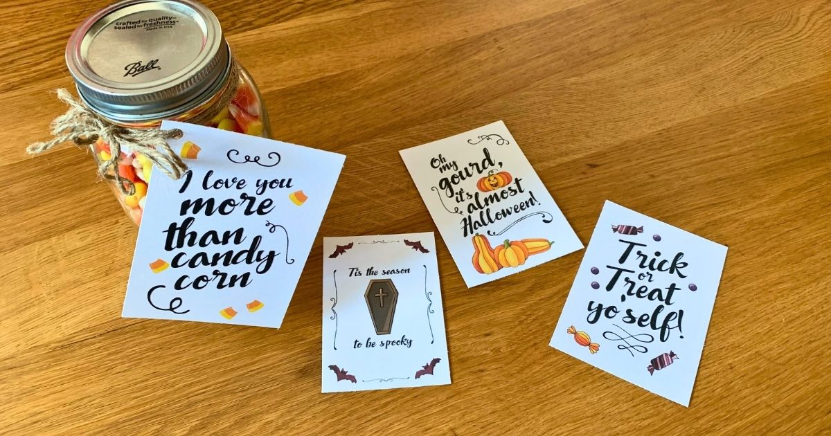 Printable Halloween cards with puns and classic icon illustrations.