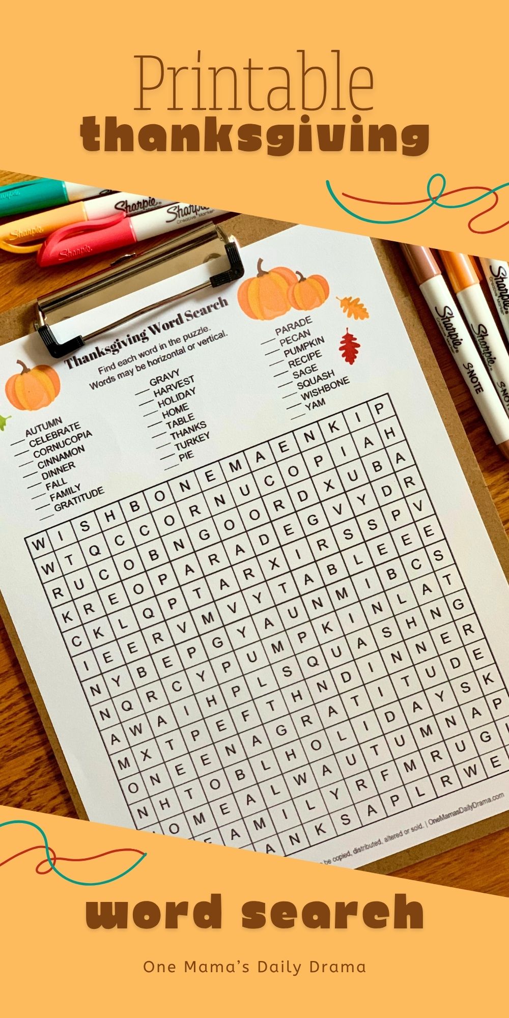 Printable Thanksgiving word search.