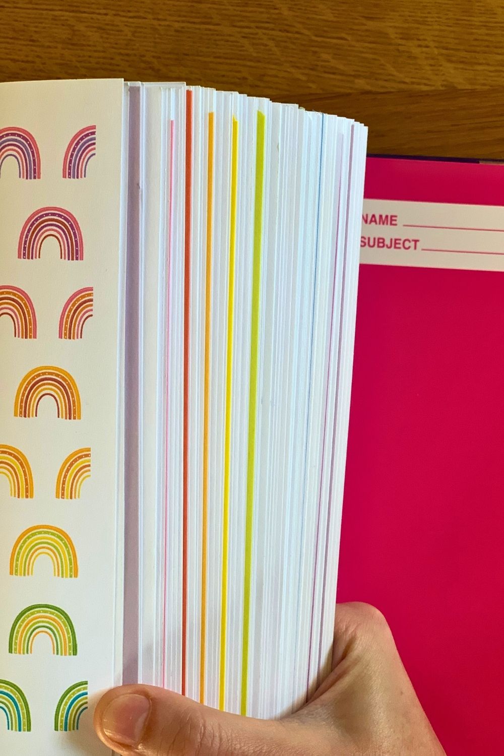 A personal planner with washi tape along the edge of each monthly dashboard.