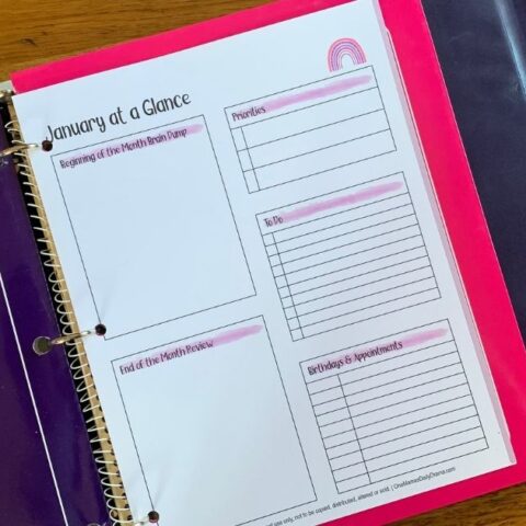 DIY planner dashboard with a printable month at-a-glance in a ring binder with washi tape alone the edge.
