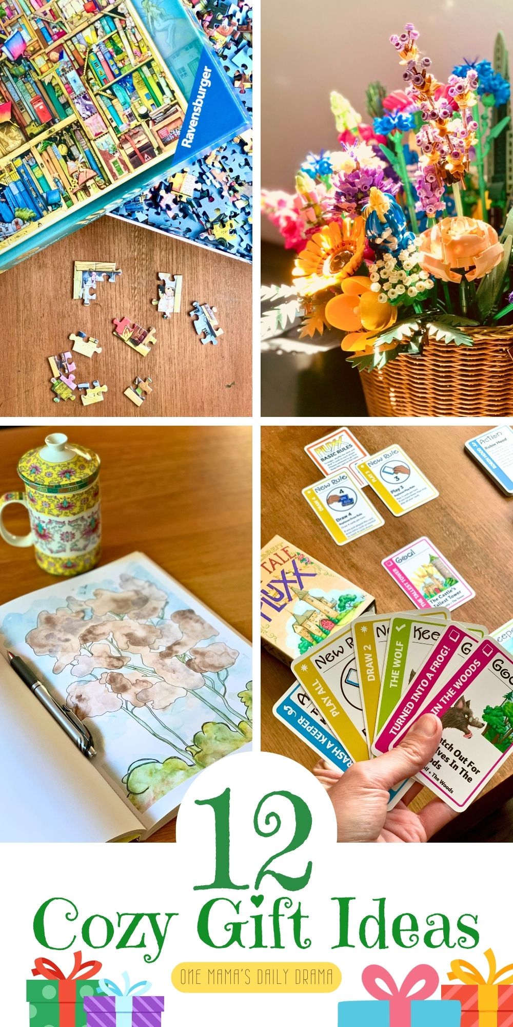 Collage of cozy gift ideas including a book puzzle, LEGO flowers, fairytale Flux card game, and reverse coloring book.