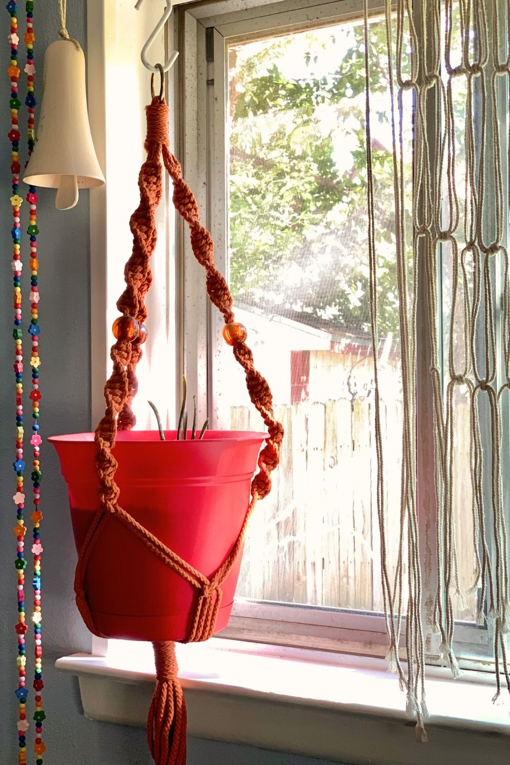 An orange macrame plant hanger with a red pot in a window.