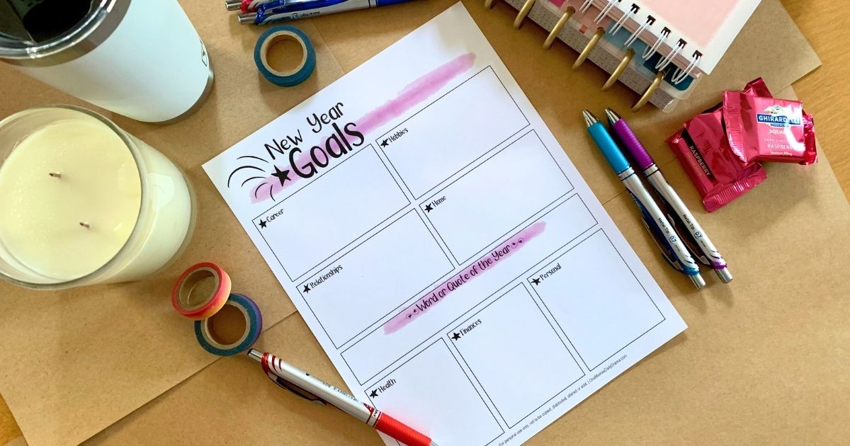 New Year's Goal printable worksheet with boxes for 7 categories and a word or quote of the year.