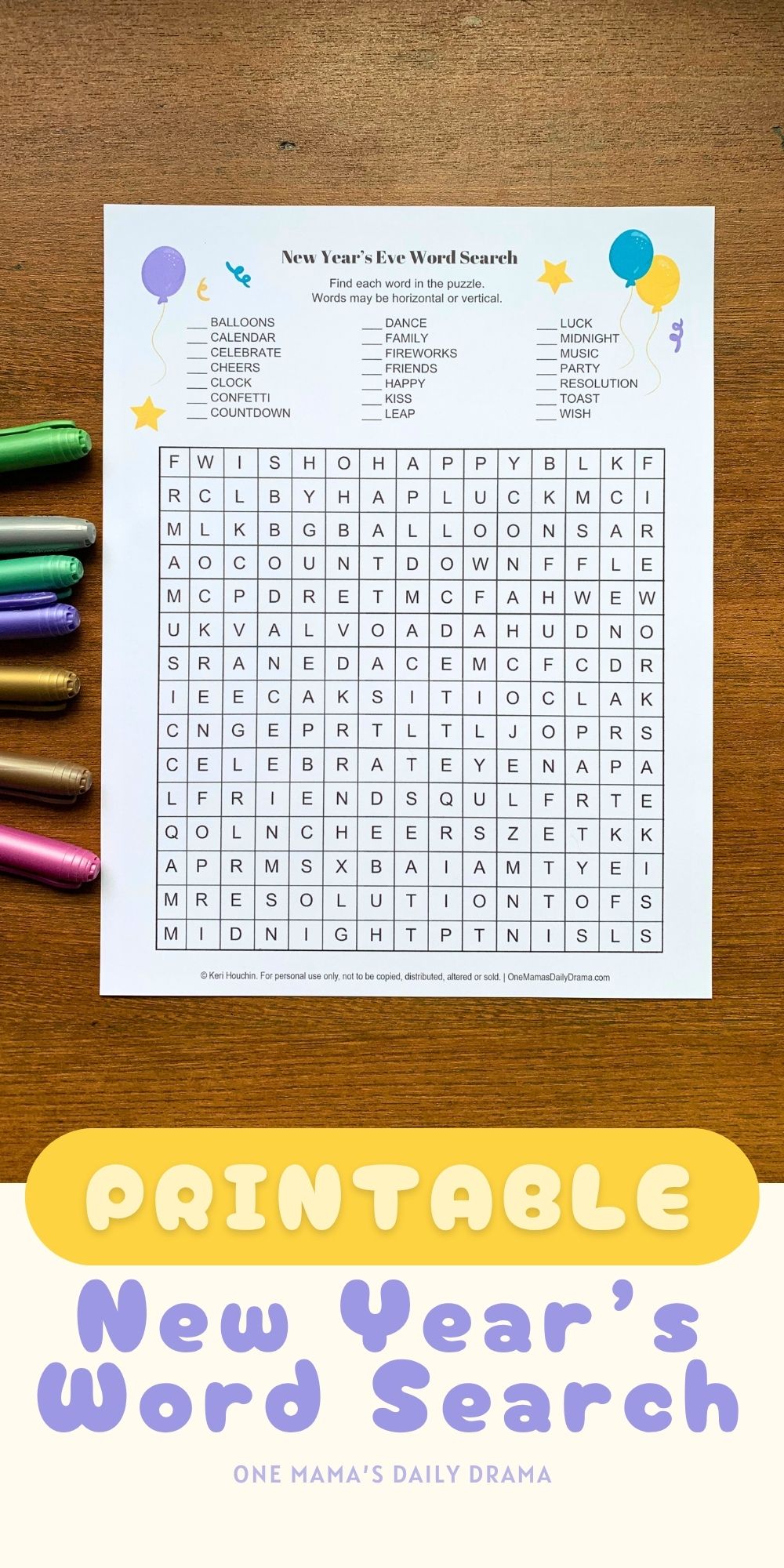 Printable New Year's Word Search.