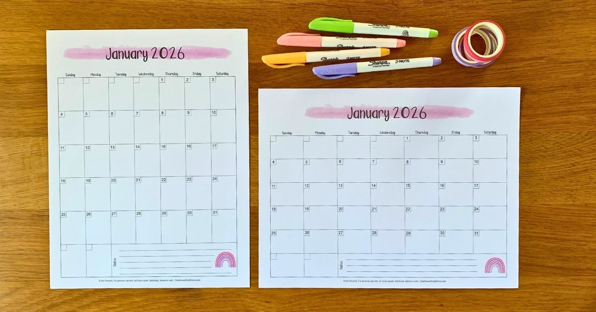 2026 printable calendars, both vertical and horizontal layout, with dates and rainbow clipart.