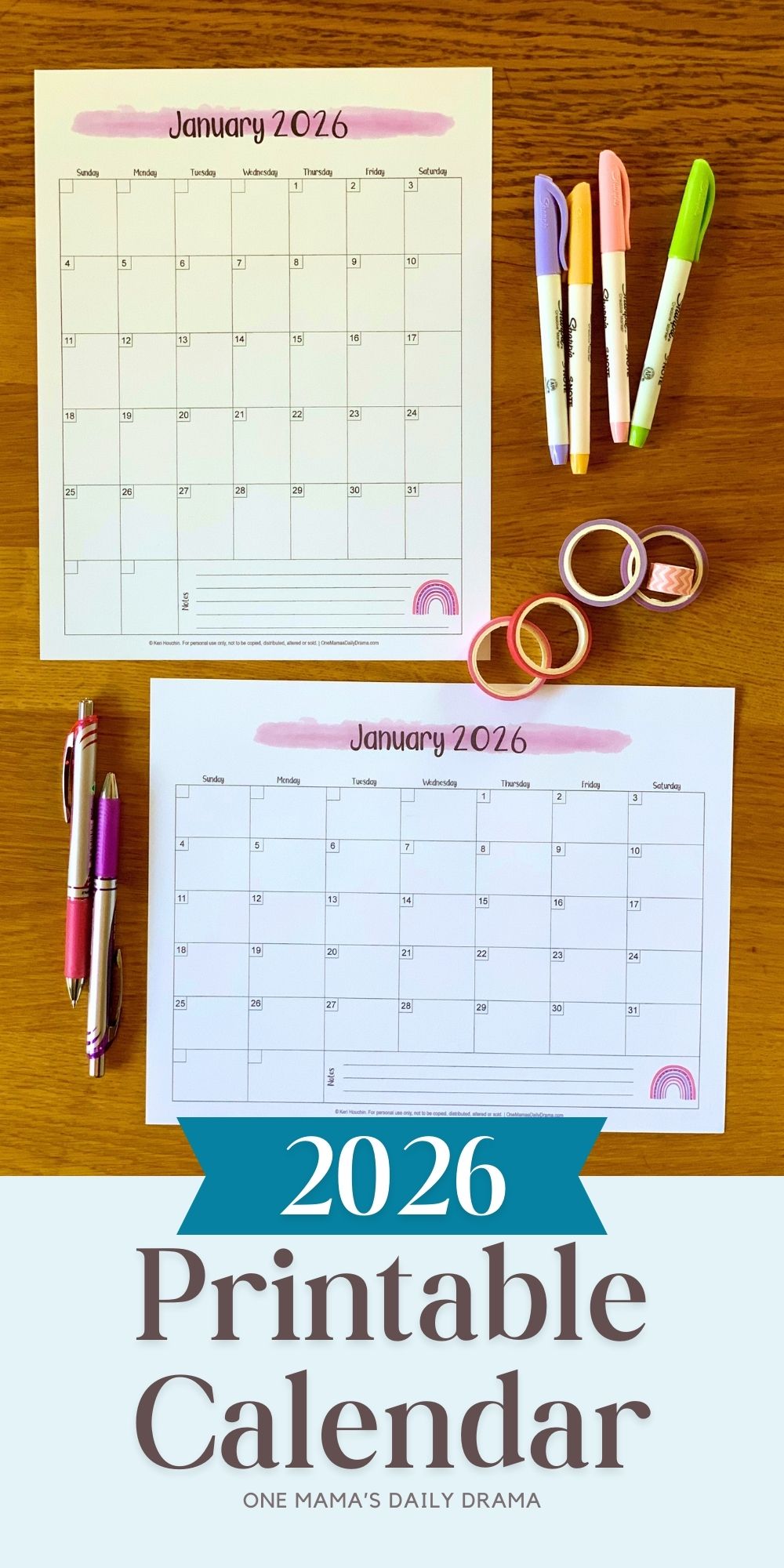 2026 printable calendar with vertical and horizontal grid layouts.