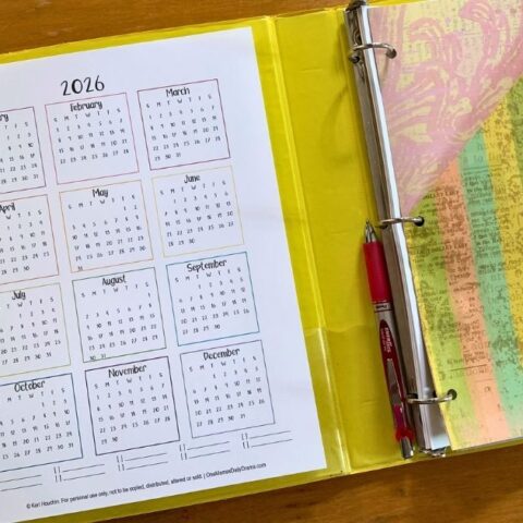A 2026 year at a glance calendar with 12 monthly calendars on a single page with a key at the bottom.
