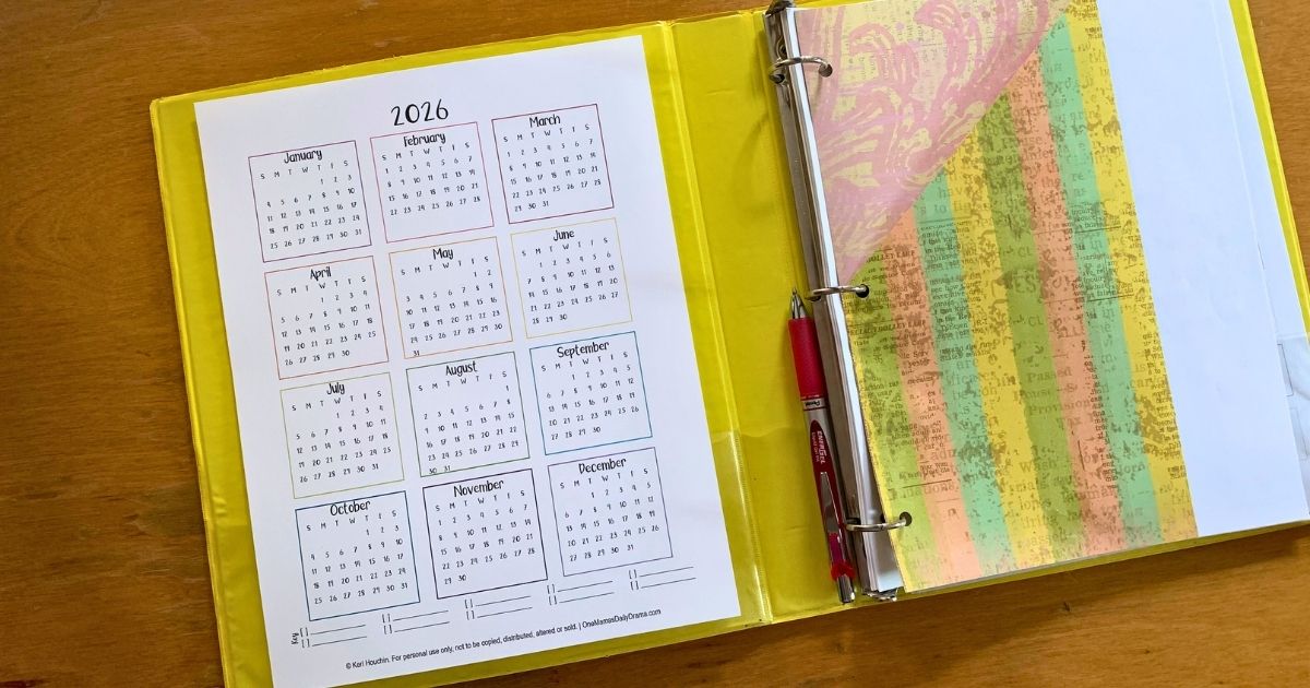 A 2026 year at a glance calendar with 12 monthly calendars on a single page with a key at the bottom.