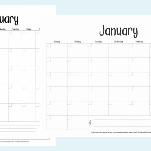 Blank monthly calendars, one vertical and the other horizontal, with undated boxes and January at the top.